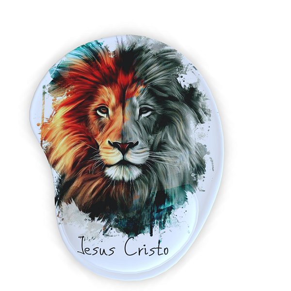 Mouse Pad com Apoio de Pulso - Leão Jesus Cristo - Emborrachado, Estampas Impressão Digital