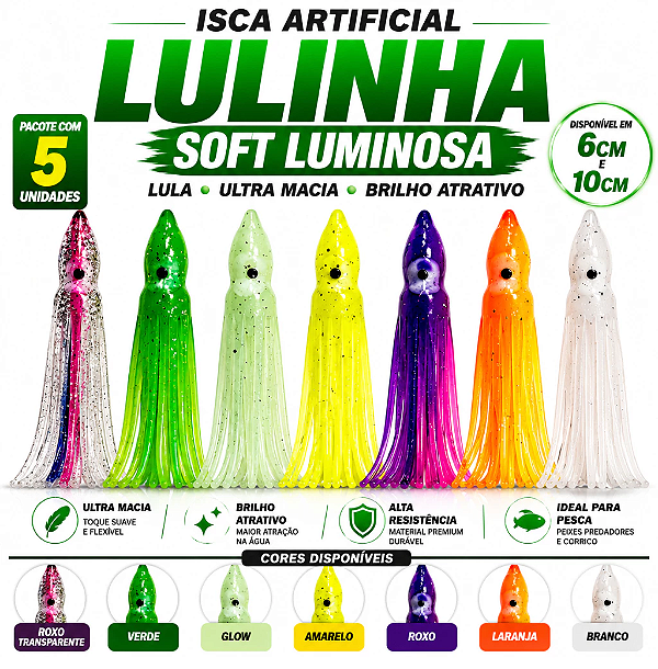 Isca Artificial Lula Lulinha Soft Luminosa Pacote com 5 Unidades 6 cm ou 10 cm Variedade de cores