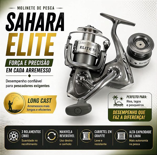 Molinete De Pesca Sahara Elite 3 Rolamentos 40 50 60 70 80 Carretel em A.B.S + Carretel em alumínio com Manivela Ambides