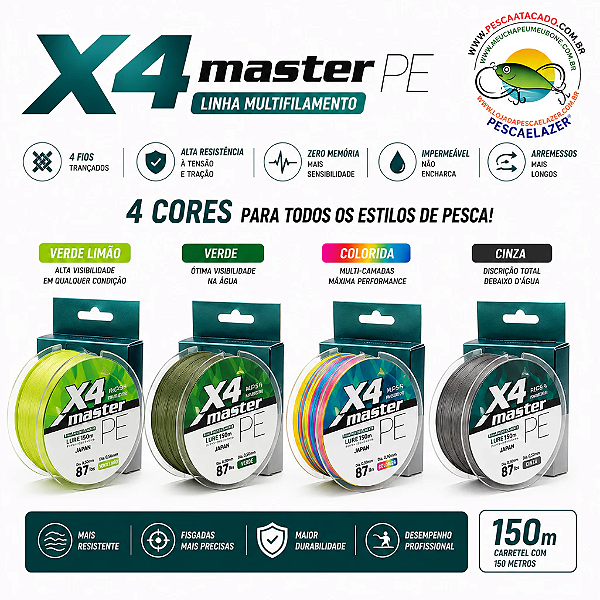 Linha Pesca Multifilamento 4X MASTER 150 mts 4 Fios Tecnologia Japonesa 0.16 0.20 0.25 0.30 0.35 0.40 0.45 0.50 e 0.60 mm