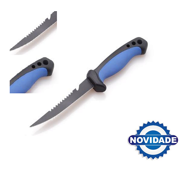 Faca para pesca 5 Sahara F-362 Aço 420 SS + PP + TPR Acompanha Bainha 24 cm Cor: Preto com Azul