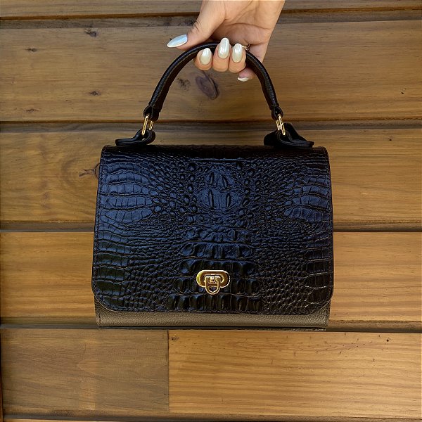 Bolsa Feminina de Couro – Croco e Liso, Preta