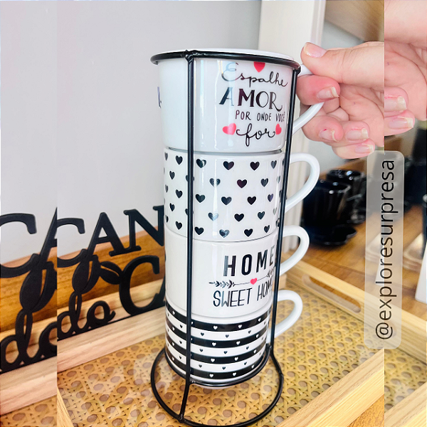 Jogo de Xícaras 200ml Empilháveis com Suporte - "Espalhe Amor"