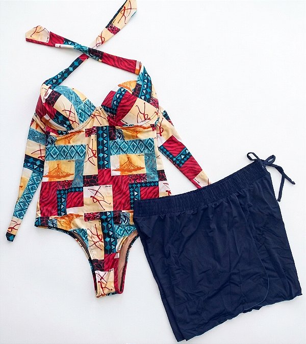 KIT MAIÔ COM BOJO ESTAMPADO + SHORT COM PROTEÇÃO UV