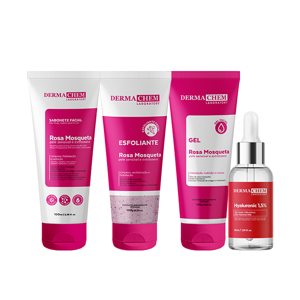 Kit Skincare Rosa Mosqueta Sabonete Gel Esfoliante e Sérum Hyaluronic