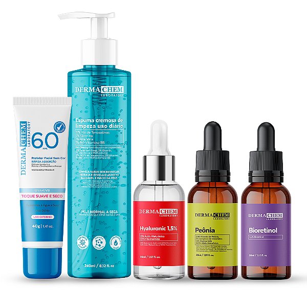 Kit Pele Madura + Super Hidratação com 5 super produtos: Protetor Solar Proteção Total 60 FPS + Sérum Bioretinol + Sérum Peônia + Sérum Hyaluronic 1,5