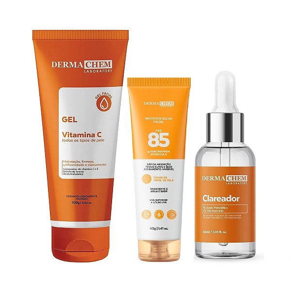 Kit Serum Clareador Protetor Facial 85 FPS Gel Anti-Idade Vitamina C Hidrata Clareamento Firmeza