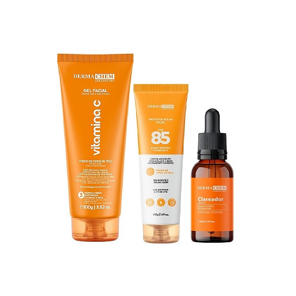 Kit Serum Clareador Protetor Facial 85 FPS Gel Anti-Idade Vitamina C Hidrata Clareamento Firmeza