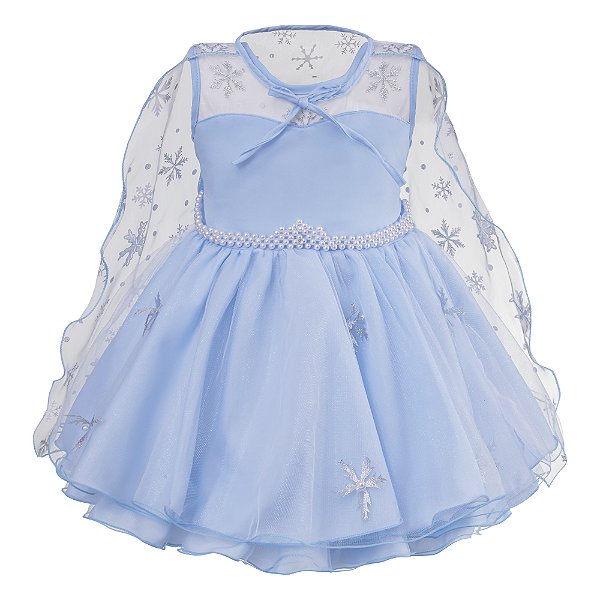 Vestido Infantil Princesa Frozen com Capa Azul para Festa