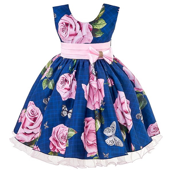Vestido Infantil Juvenil Marinho Floral Rosa de Festa Giovanella
