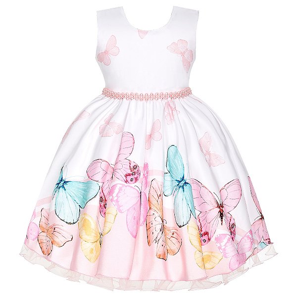 Vestido Infantil Juvenil Branco Borboletas  Jardim Encantado Giovanella