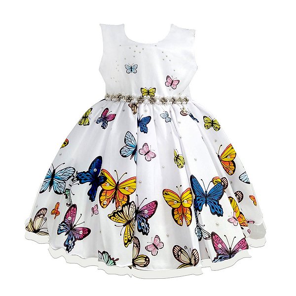 Vestido Infantil Juvenil Branco Borboletas Jardim Encantado Giovanella