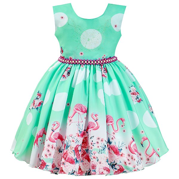 Vestido Infantil Juvenil Verde Flamingo Floral Giovanella
