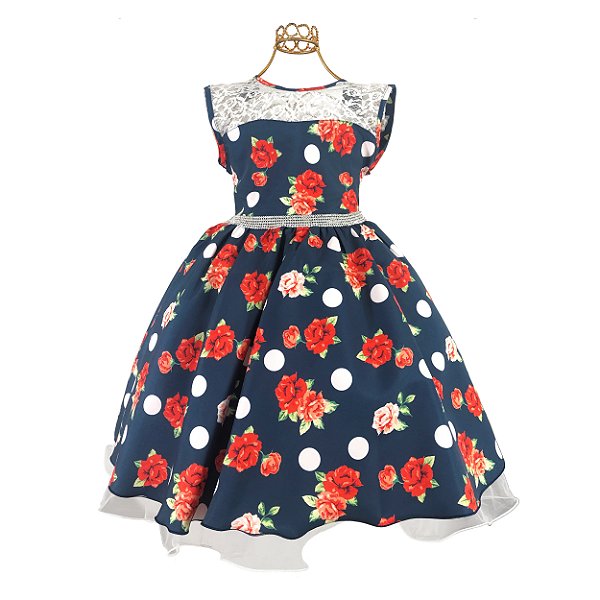 Vestido Infantil Juvenil Marinho Floral Giovanella