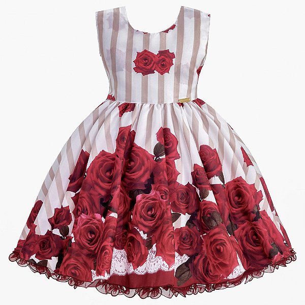 Vestido Infantil Juvenil Listrado Floral Marsala Giovanella