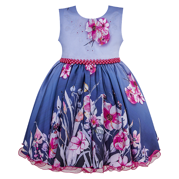 Vestido Infantil Juvenil Marinho Floral Rosa Giovanella