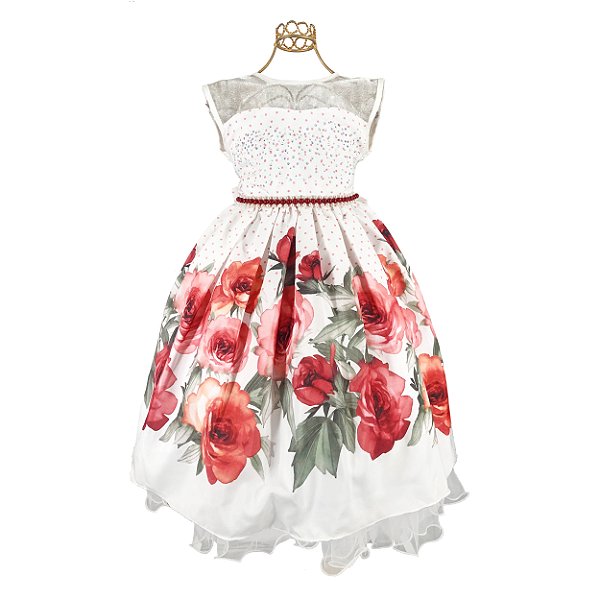 Vestido Infantil Juvenil Branco Floral Vermelho Rosas Giovanella