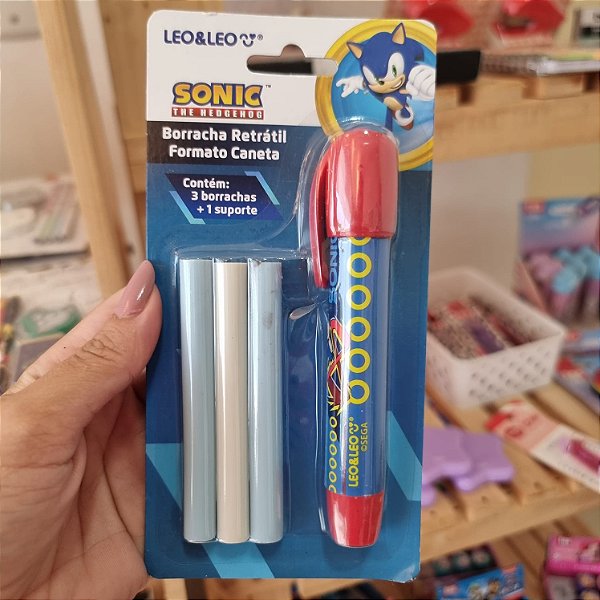 BORRACHA RETRATIL FORMATO CANETA SONIC - BLISTER C/ 1 SUPORTE E 3 BORRACHAS