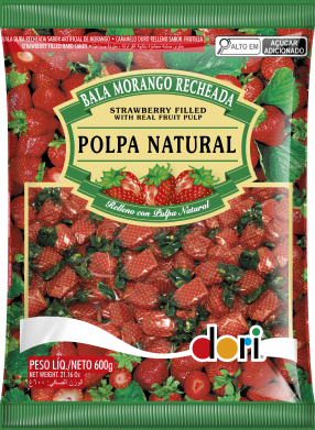 BALA RECHEADA POLPA DE MORANGO NATURAL 600G DORI