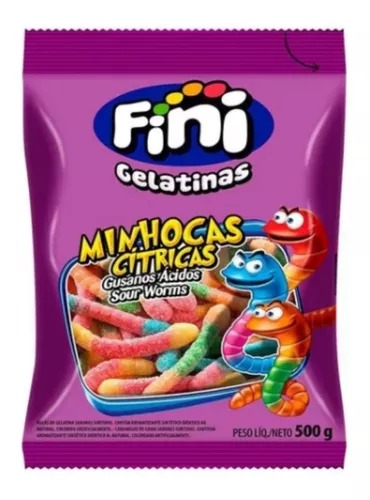 BALA DE GOMA JUJUBA GELATINA MINHOCAS CITRICAS 500G FINI