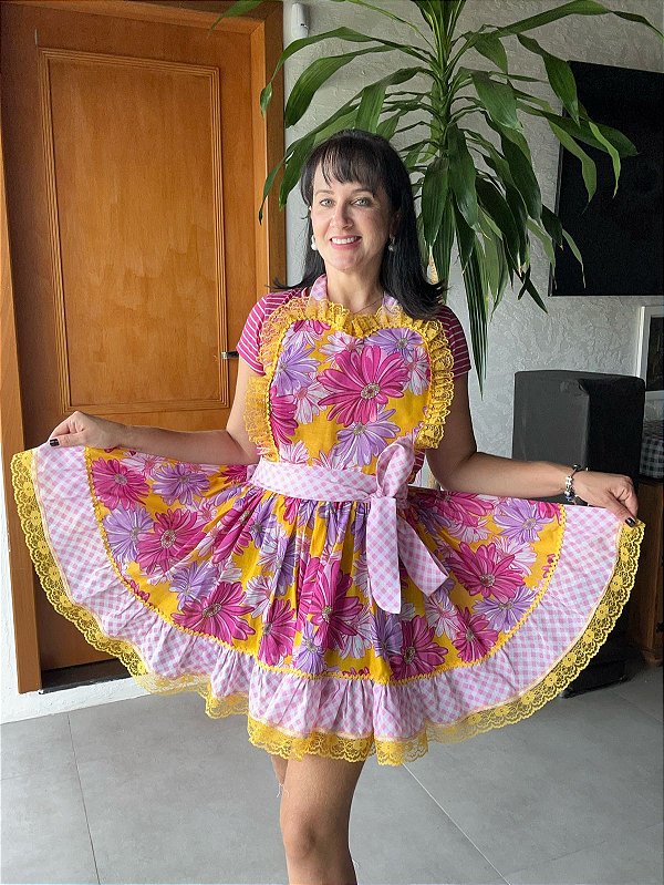 Avental Junino Floral Rosa 150cm