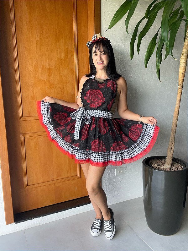 Avental Junino Rosas com Glitter 100cm