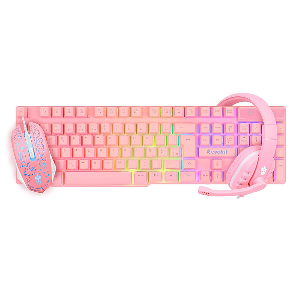 KIT GAMER TECLADO SEMI MECÂNICO + MOUSE GAMER E HEADSET ROSA EG-53