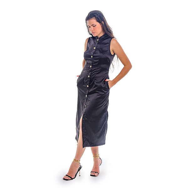 Chemise Dunna em Crepe Amanda com Superfície Acetinada Preto