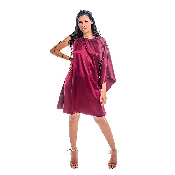 Vestido Túnica Um Ombro Só Malika Crepe Amanda Acetinado - VINHO BORDÔ
