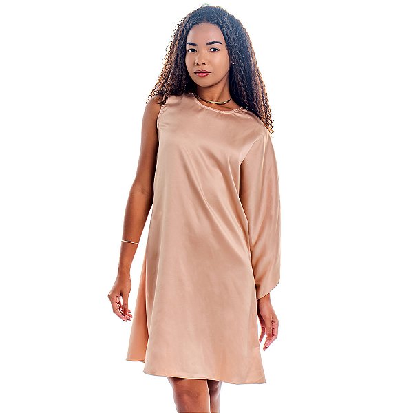 Vestido Túnica Um Ombro Só Malika Crepe Amanda Acetinado - Rose