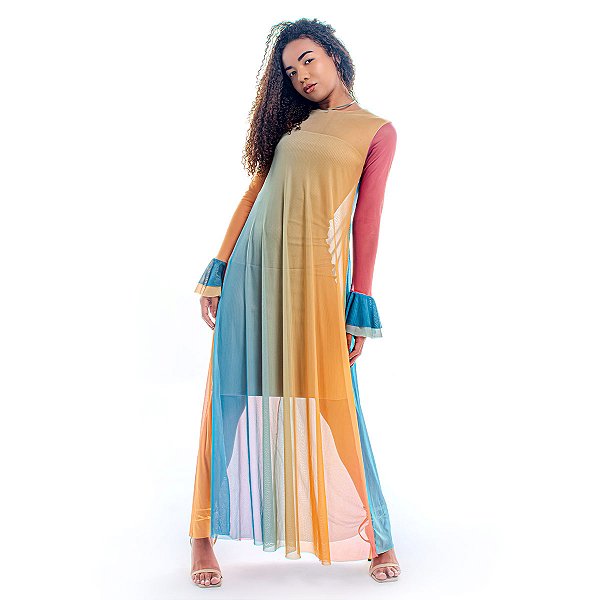 Vestido Safira Tule Translúcido Amarelo e Azul