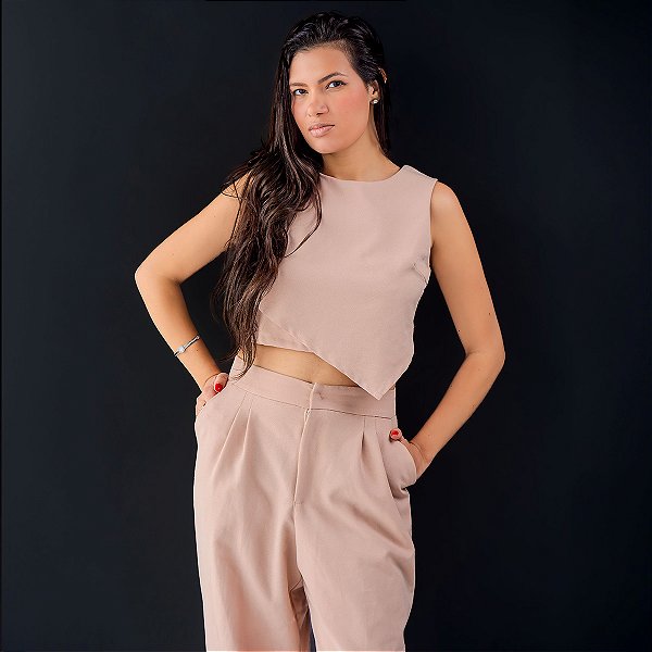Conjunto Calça e Cropped Safira de Crepe Bege