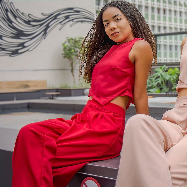 Conjunto Calça e Cropped Safira de Crepe Vermelho