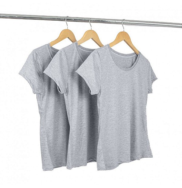 Kit 3 Baby Look Algodão Cinza Mescla Premium Basic