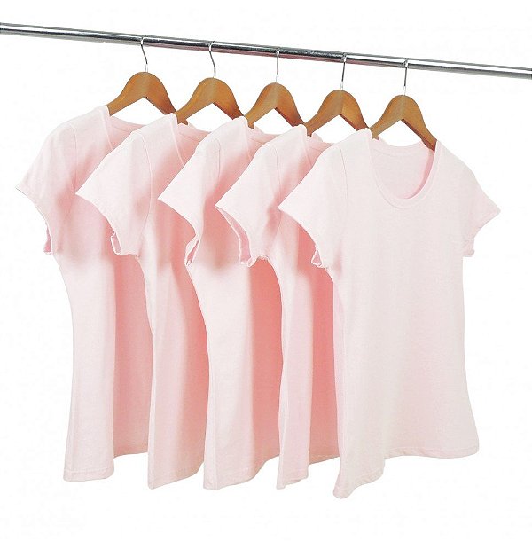 Kit 5 Baby Look Algodão Rosa Claro Premium Basic