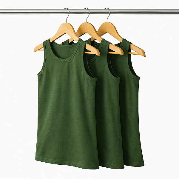 Kit 3 Regatas Verde Musgo Militar Masculina Algodão Premium