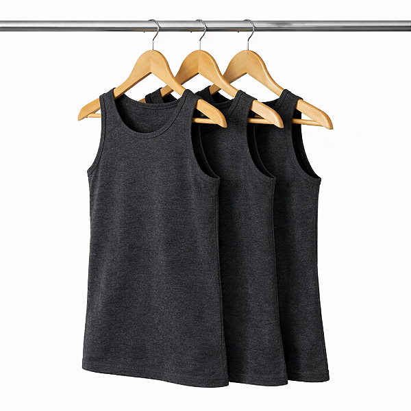 Kit 3 Regatas Preto Mescla Masculina Algodão Premium