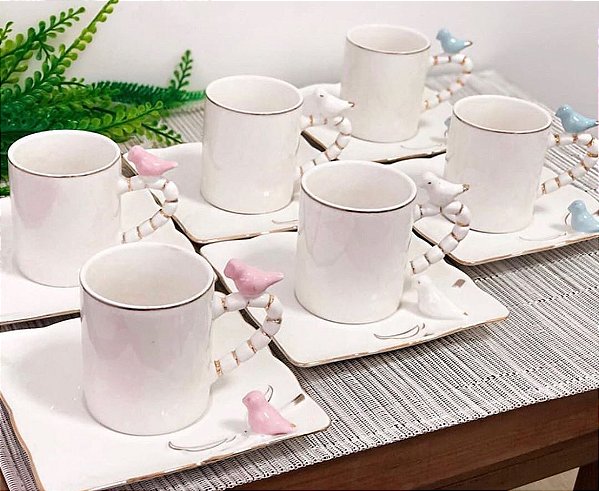 Jogo com 6 xícaras porcelana detalhe Pasarinho
