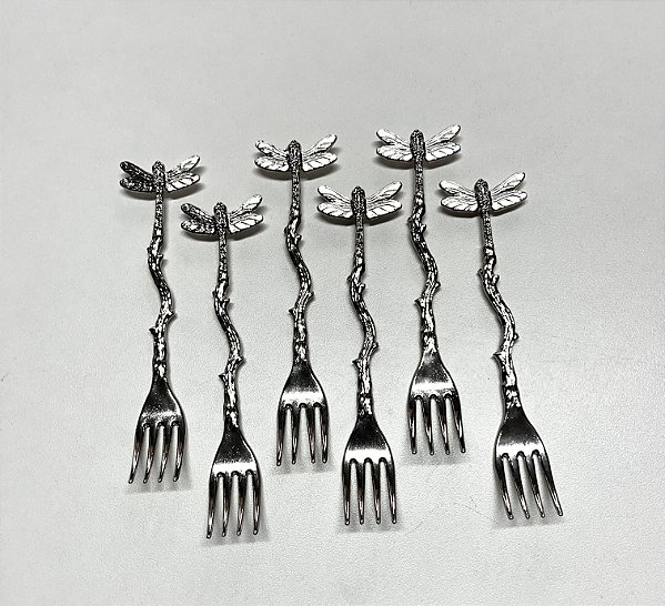 Cj. 6 garfinhos para petiscos prata detalhe libélula
