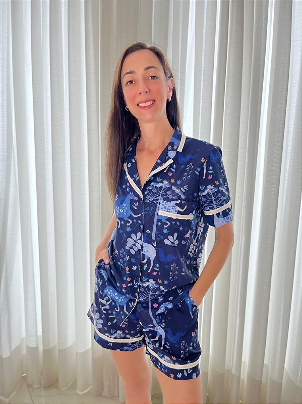 Pijama Americano Curto Cavalos Mágicos Azul