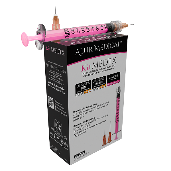 Kit MEDTX Caixa 25 Unidades - Agulha de Aplicação 34G + Agulha de Aspiração 25G + Seringa de 1 ML