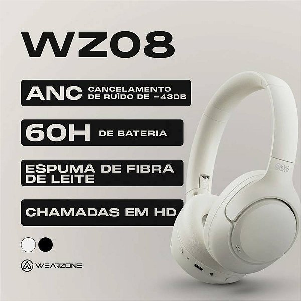 HEADSET WZ08  CANCELAMENTO DE RUÍDO PROFUNDO ATÉ 60 HORAS DE BATERIA