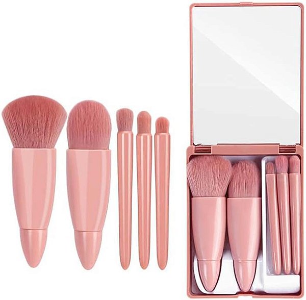 KIT DE 5 PINCÉIS COM ESPELHO PARA VIAJEM - COR ROSA