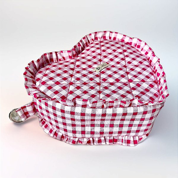 Necessaire feminina em formato de coração - Xadrez rosa com babado