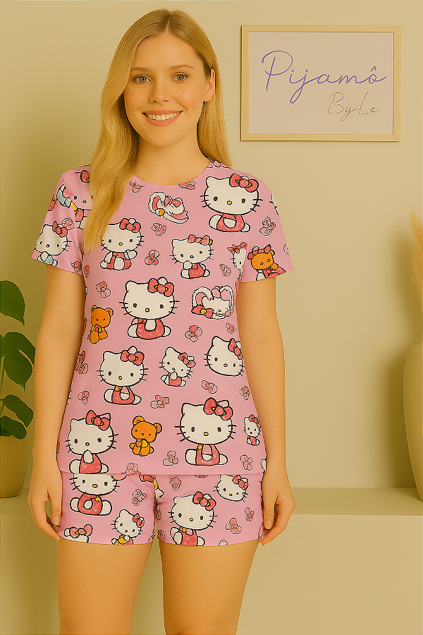 Pijama Tradicional - Manga Curta com Short - Hello Kit 01