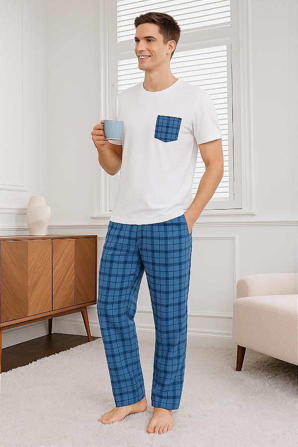 Pijama Tradicional Masculino Manga Curta c/ Calça Xadrez 01