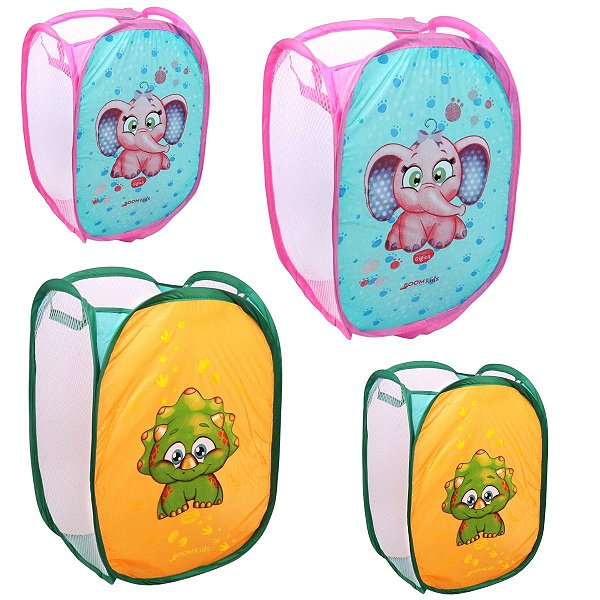Kit 2 Cesto Organizador Infantil Brinquedo Roupa Dobrável Elefante E Dino