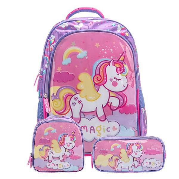 Kit Mochila Escolar Infantil De Rodinhas Menina Bolsa Resistente Impermeável Com Lancheira E Estojo