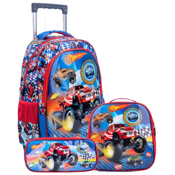 Kit Mochila Escolar Infantil De Rodinhas Menino Bolsa Resistente Impermeável Com Lancheira E Estojo