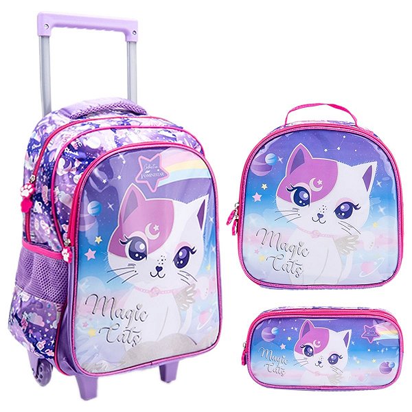 Kit Mochila Escolar Infantil Menina Gatinha Com Rodinhas